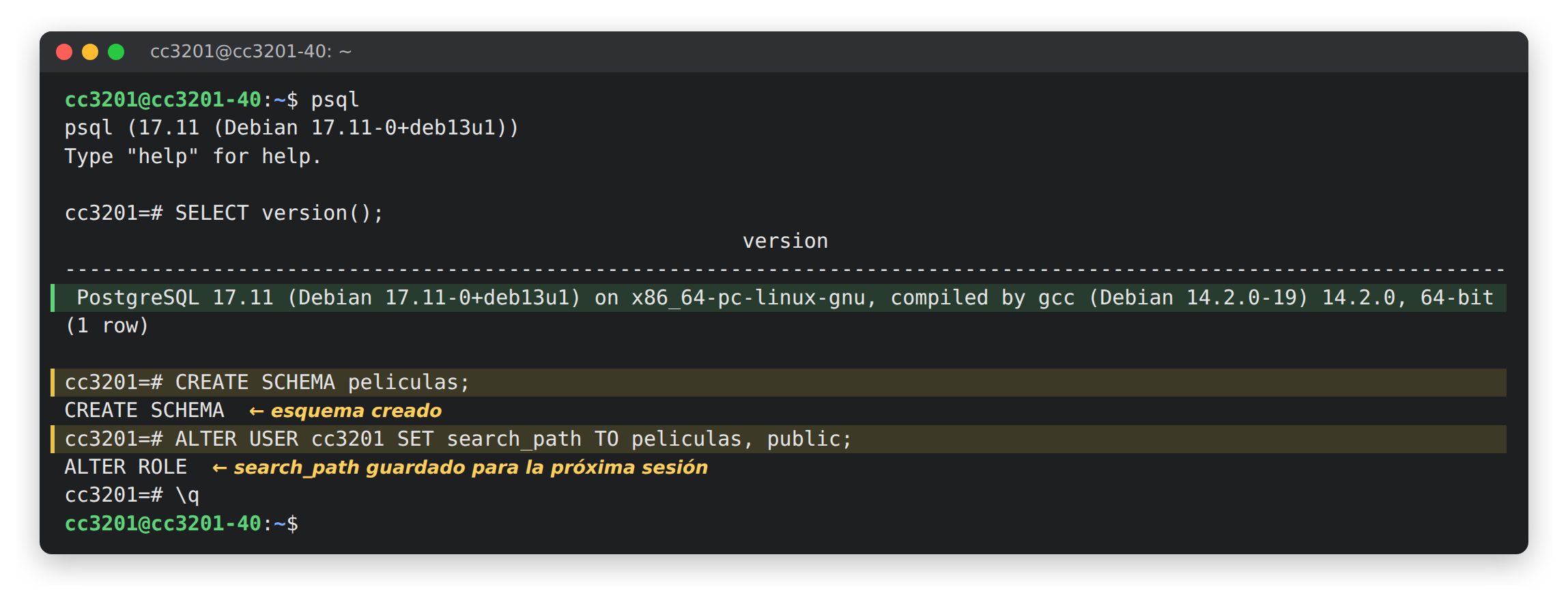 Versión de Postgres, creación del esquema y search_path
