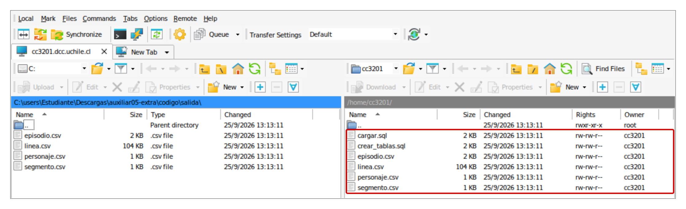 WinSCP después de subir: los archivos ya están en /home/cc3201/ WinSCP después de subir: los archivos ya están en /home/cc3201/